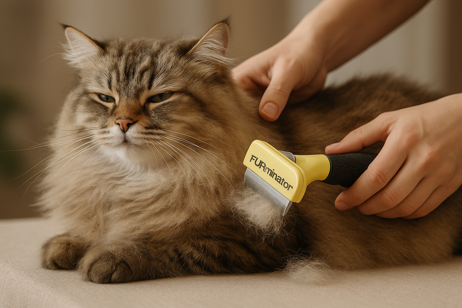 cat being groomed using a fobminator de shedding tool